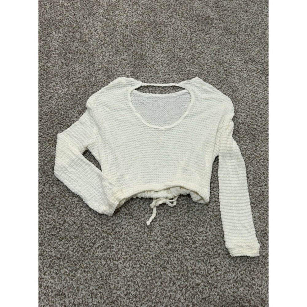 Elan Womens Cream Textured Popcorn Knit Crop Top Cutout Back Tie Hem Medium